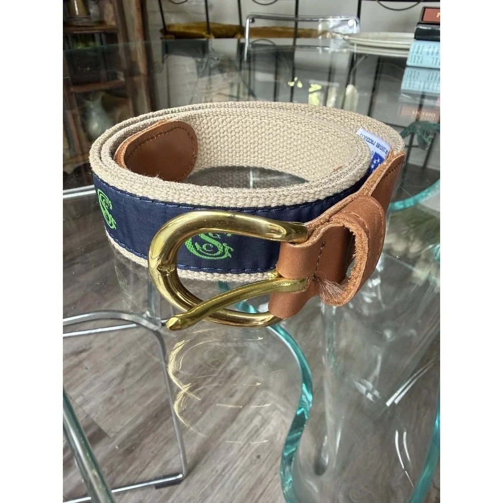Preston Belt Golf Country Club Blue Green Leather Canvas Brass‎ USA Sz 40